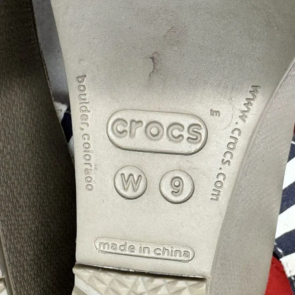 Crocs Leigh Wedge‎ Sandals Womens 9 Blue White Striped Nautical Summer Preppy